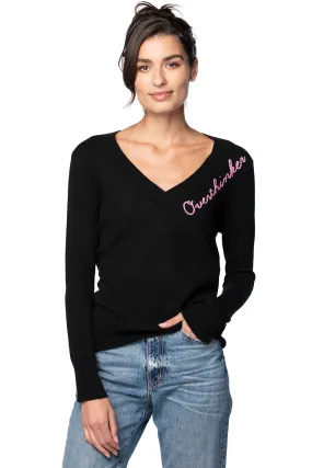 100% Cashmere V-Neck Sweater with Hand Stitch Embroidery  "Overthinker"