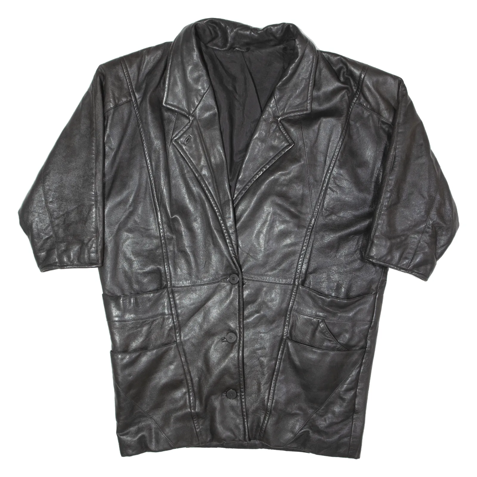3/4 Sleeve Womens Overcoat Coat Black Leather 90s 2XL
