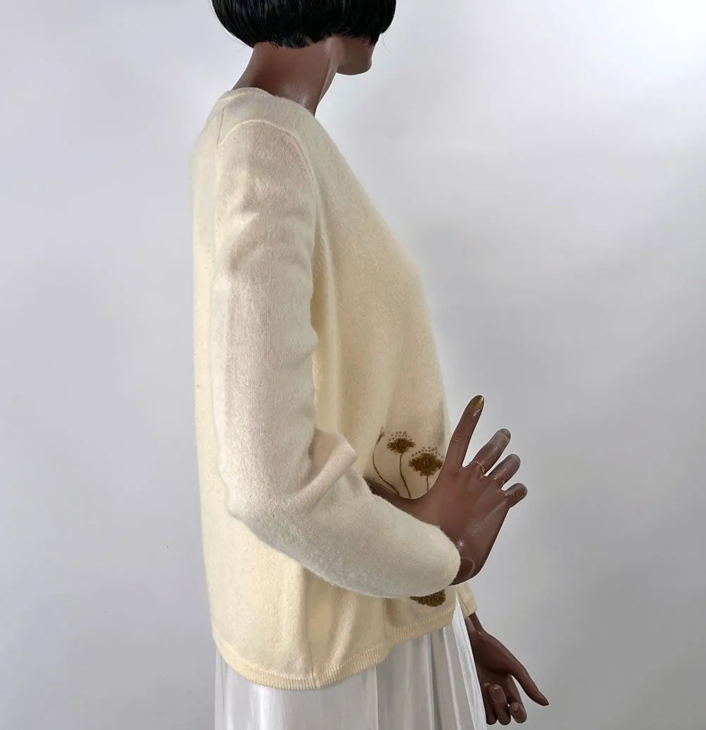 50s Cashmere Cardigan Women's Sweater 60s Vintage Intarsia Leather Plants Bernhard Altmann VFG