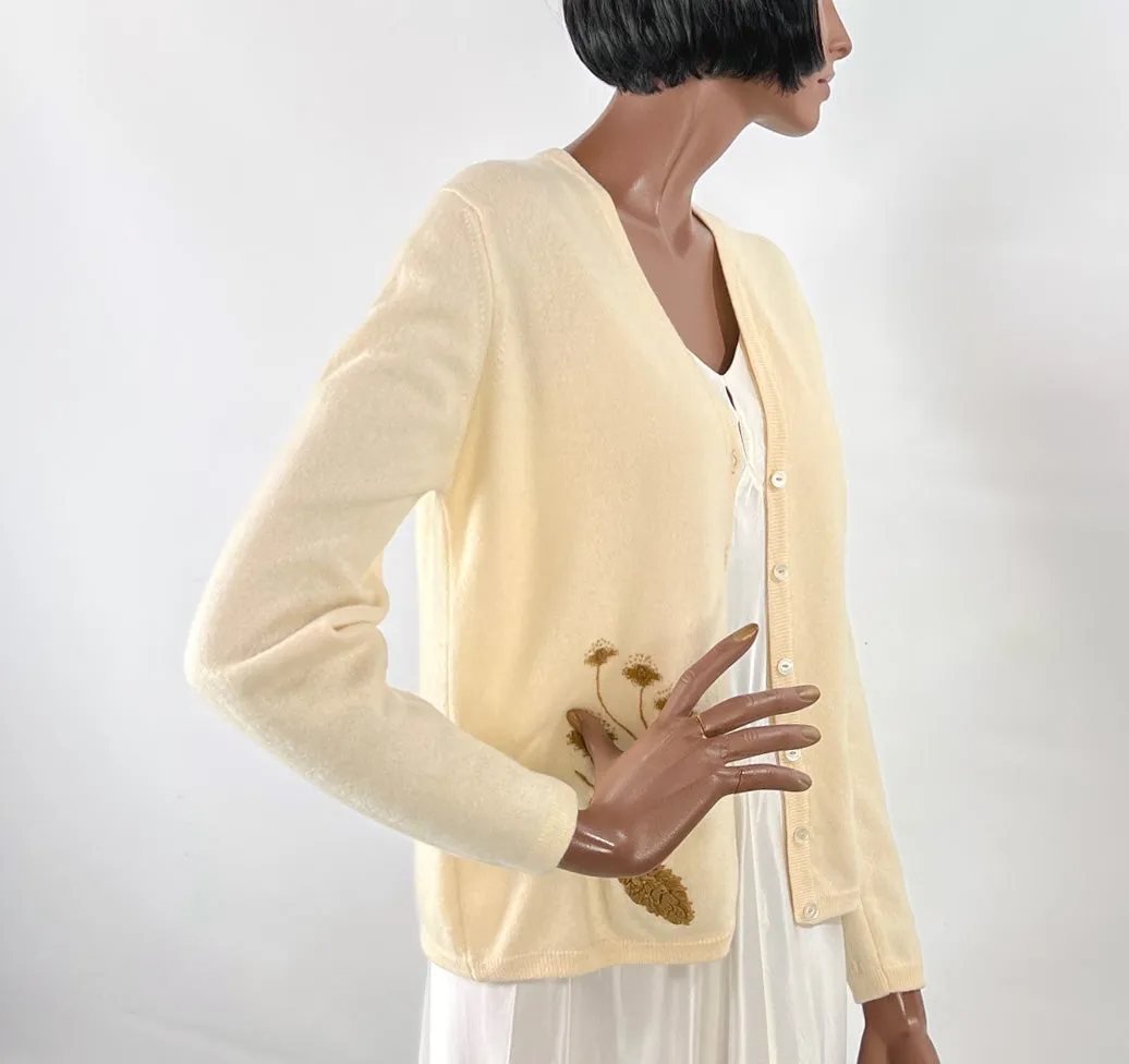 50s Cashmere Cardigan Women's Sweater 60s Vintage Intarsia Leather Plants Bernhard Altmann VFG