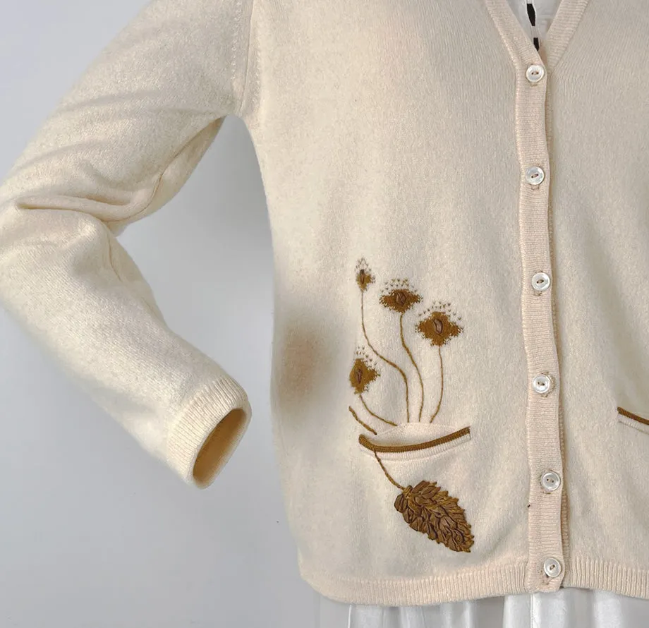 50s Cashmere Cardigan Women's Sweater 60s Vintage Intarsia Leather Plants Bernhard Altmann VFG