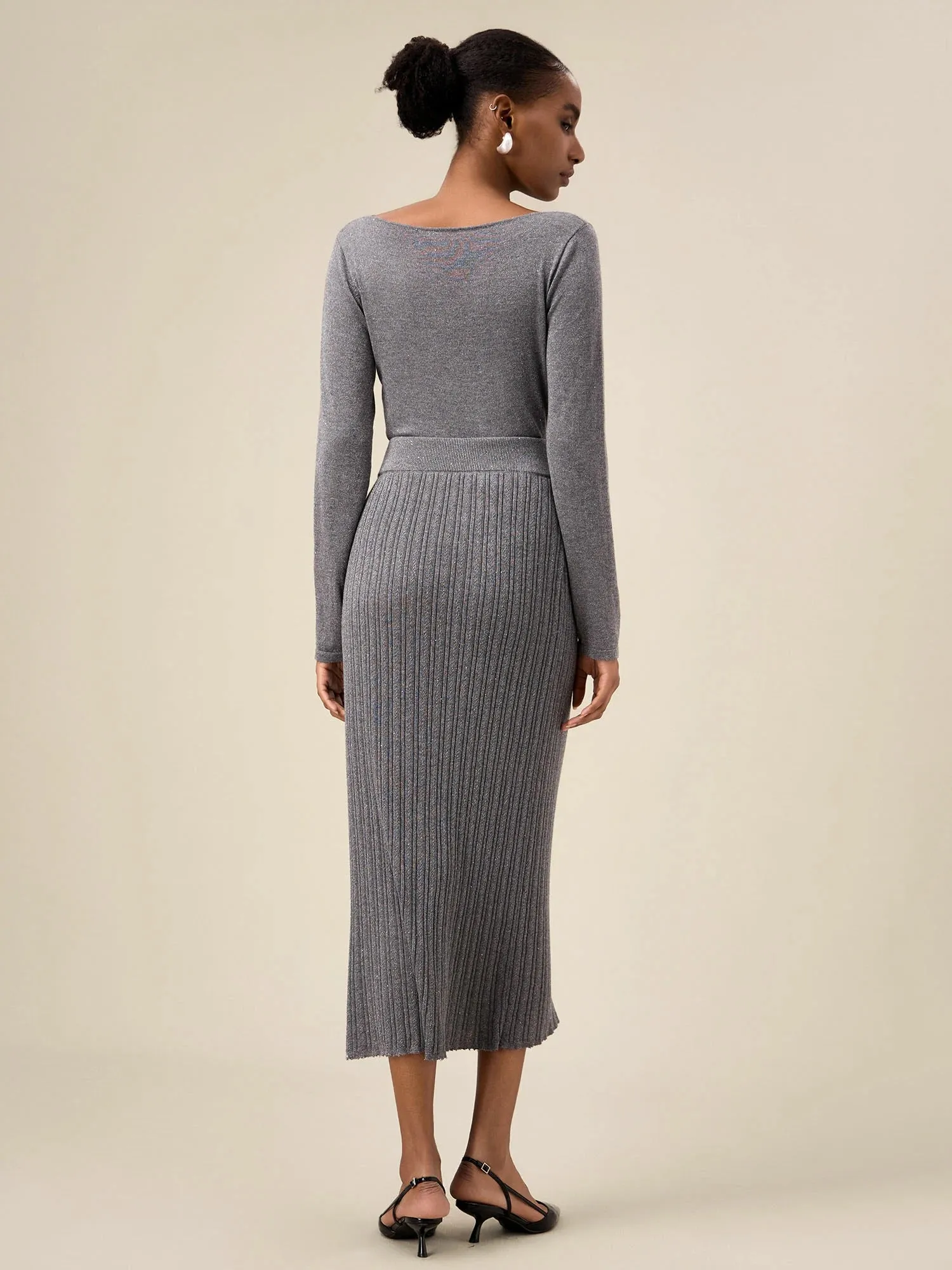 Amoretu Women's Gold Silver Yarn Straight Knit Skirt
