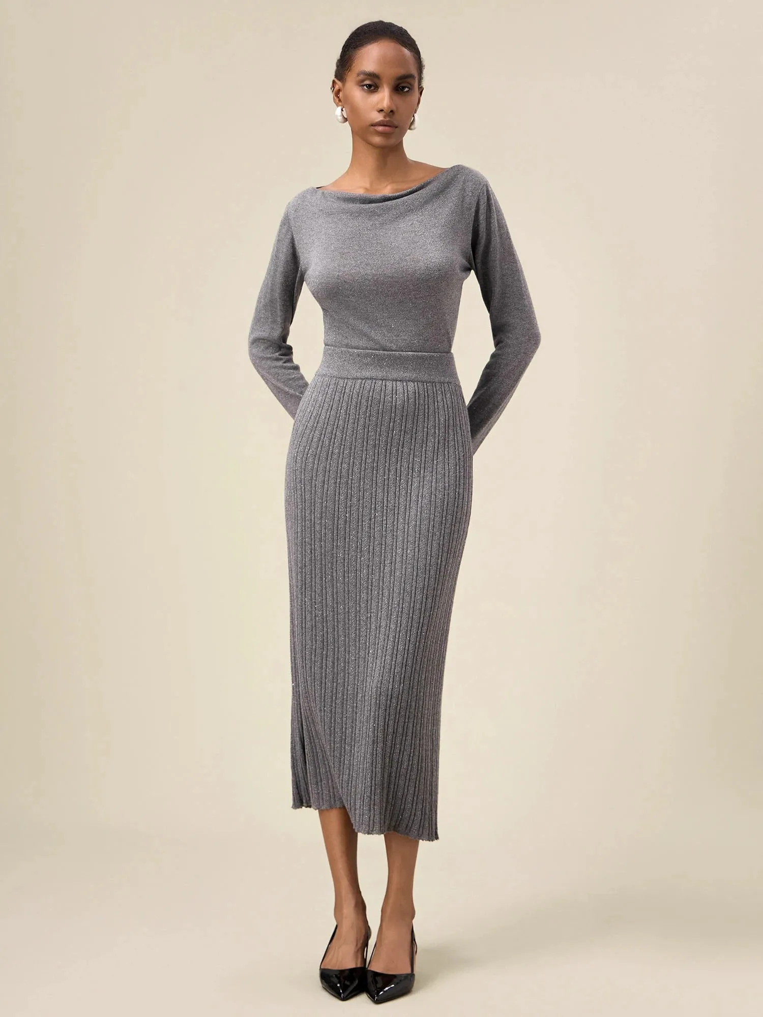 Amoretu Women's Gold Silver Yarn Straight Knit Skirt