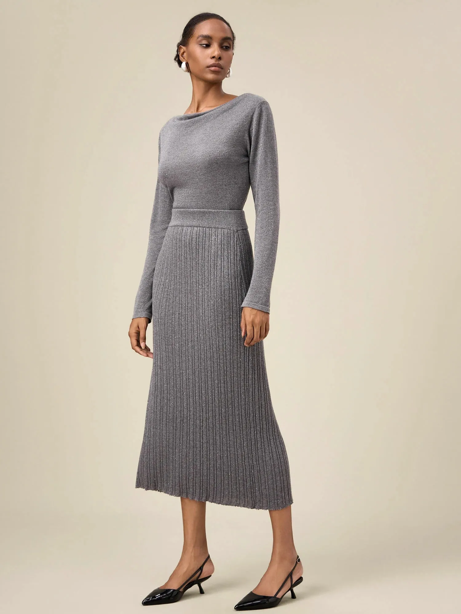 Amoretu Women's Gold Silver Yarn Straight Knit Skirt