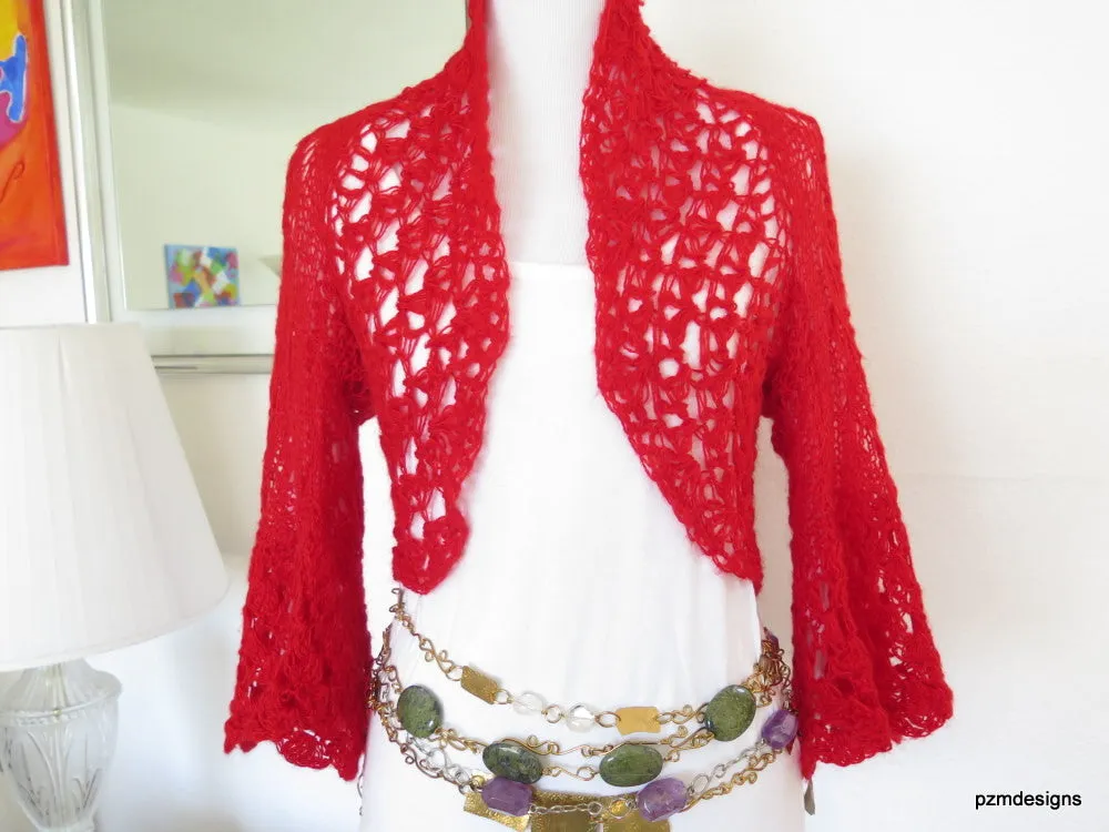 Bright Red Crochet Bolero Sweater Shrug