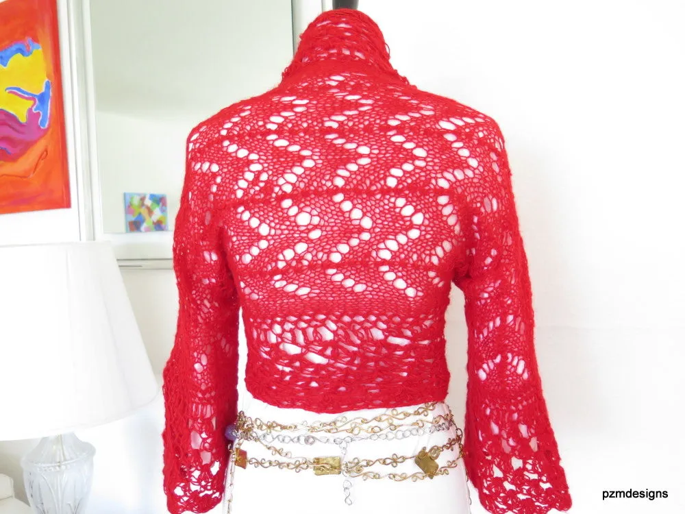 Bright Red Crochet Bolero Sweater Shrug