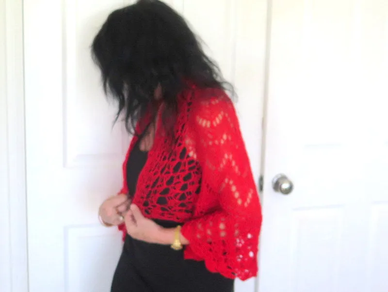 Bright Red Crochet Bolero Sweater Shrug