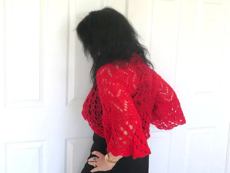 Bright Red Crochet Bolero Sweater Shrug