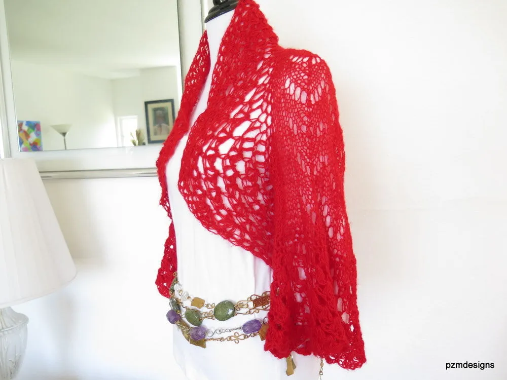 Bright Red Crochet Bolero Sweater Shrug