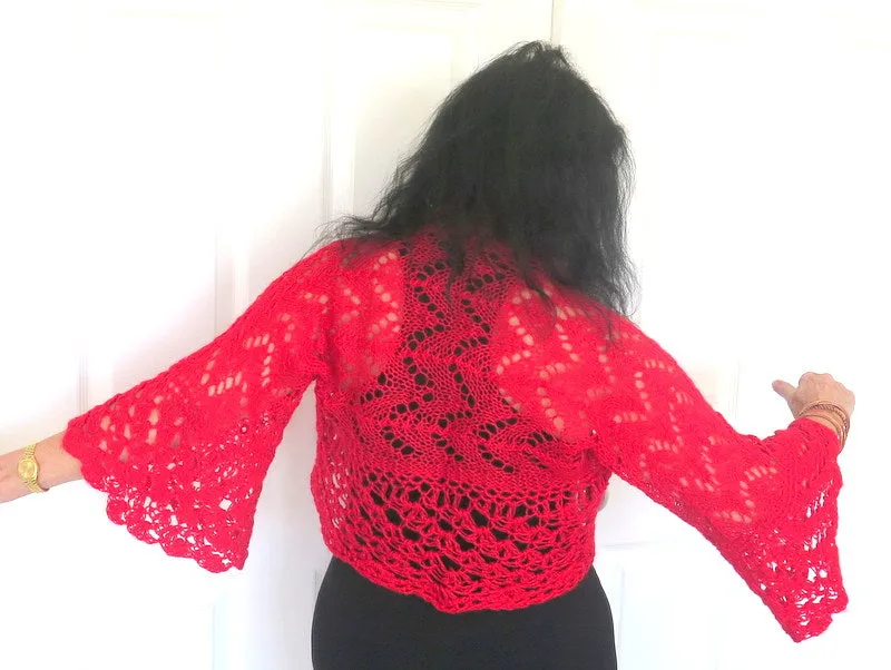 Bright Red Crochet Bolero Sweater Shrug