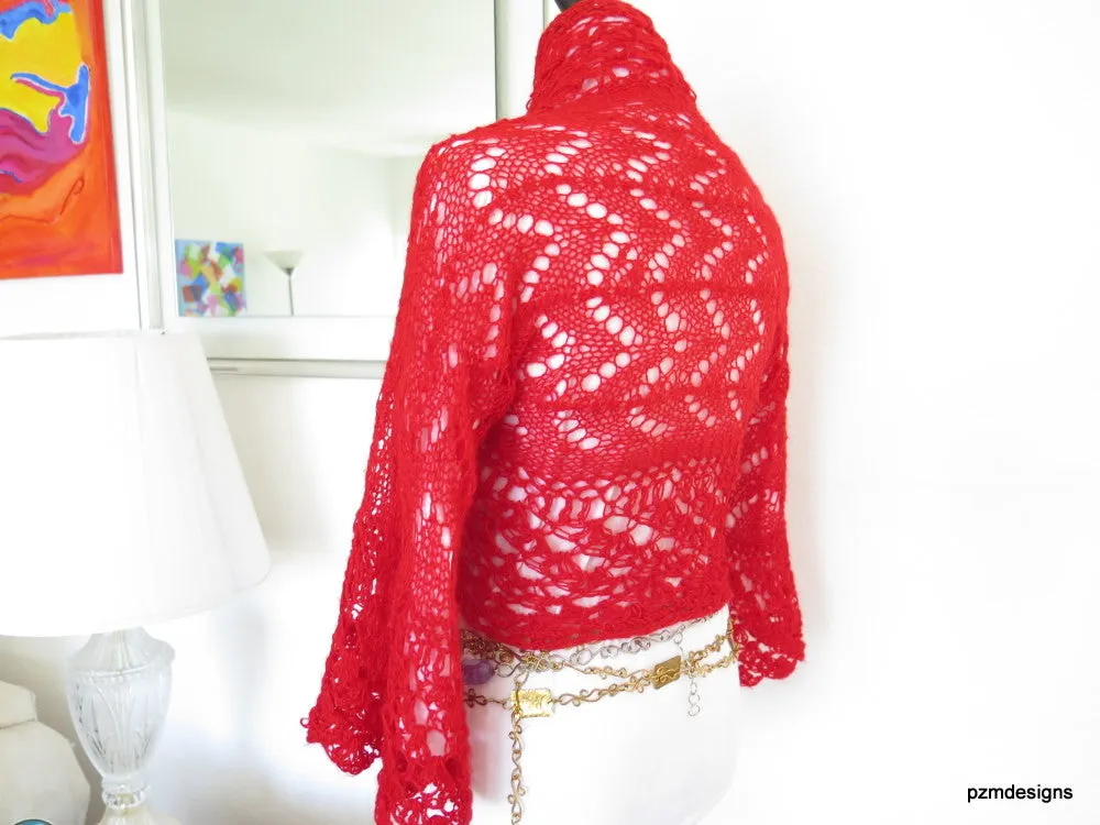 Bright Red Crochet Bolero Sweater Shrug