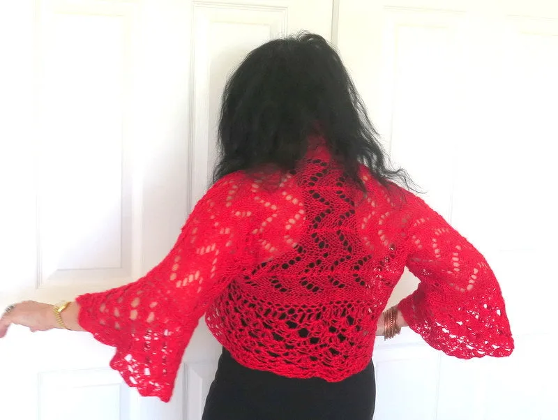 Bright Red Crochet Bolero Sweater Shrug