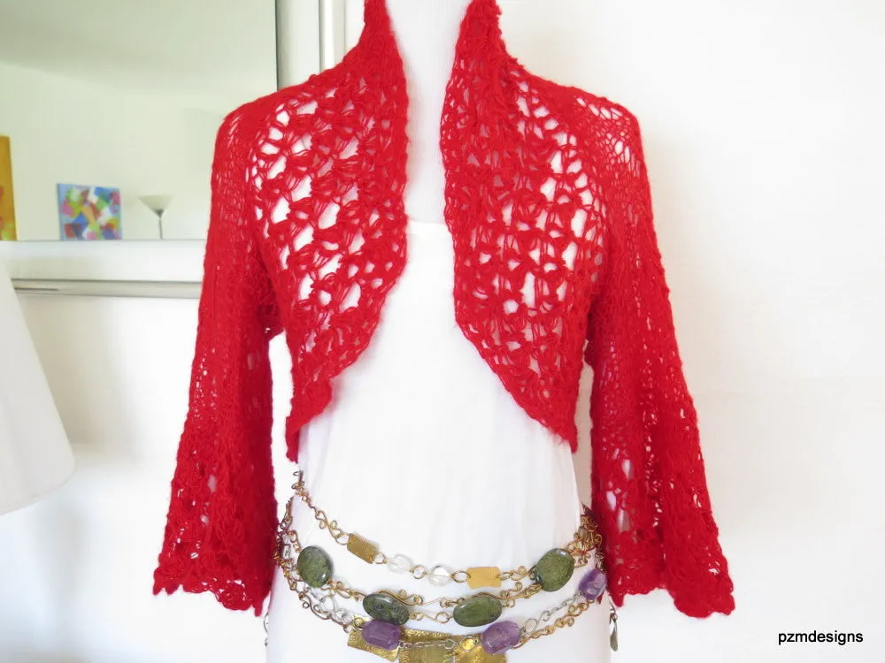 Bright Red Crochet Bolero Sweater Shrug