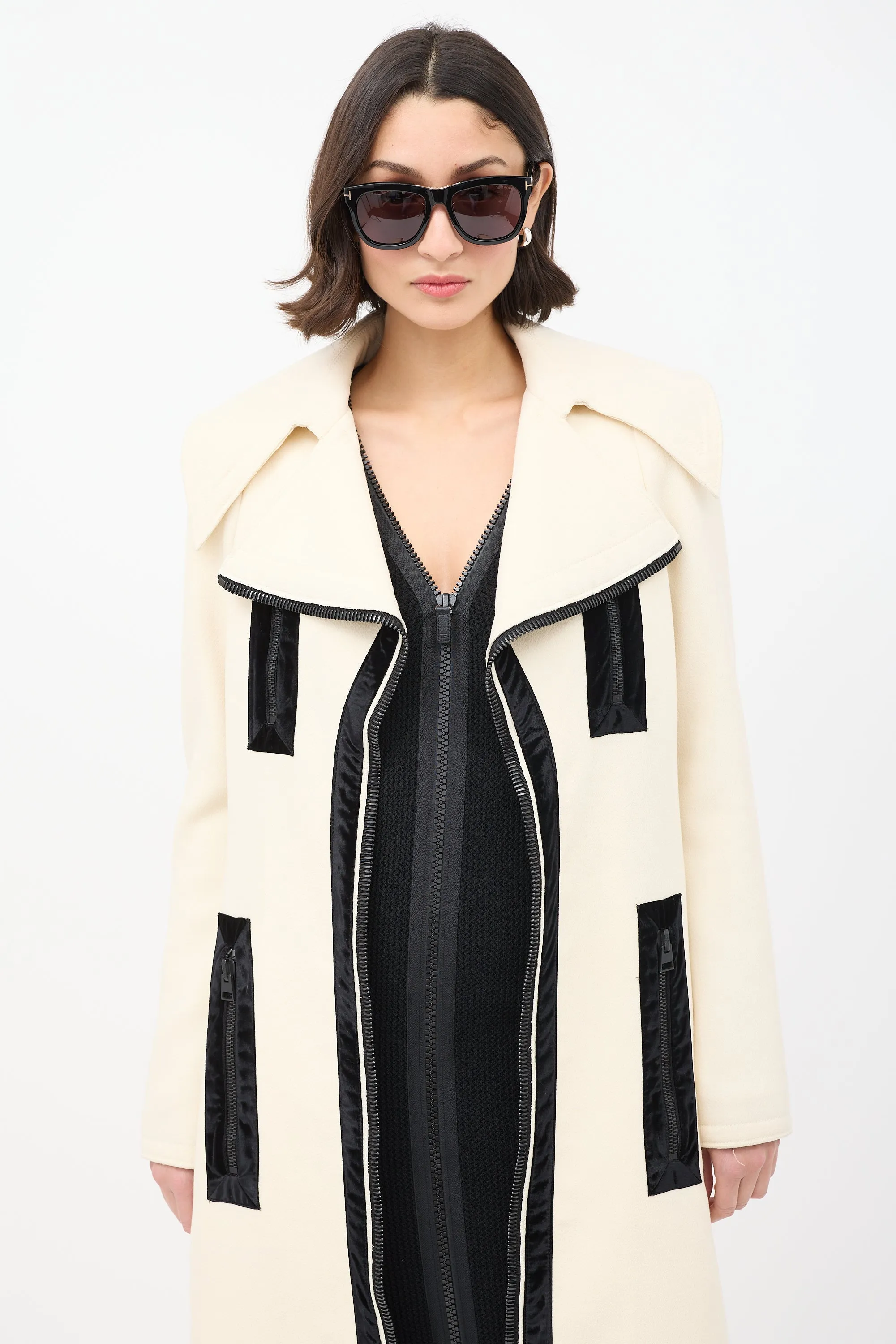 Cream Wool Zip Mid Length Coat