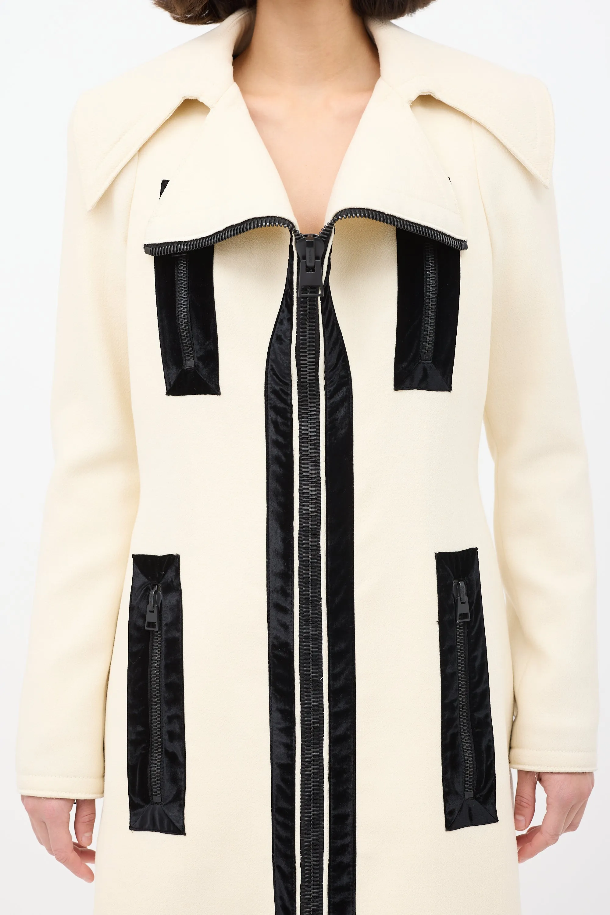 Cream Wool Zip Mid Length Coat