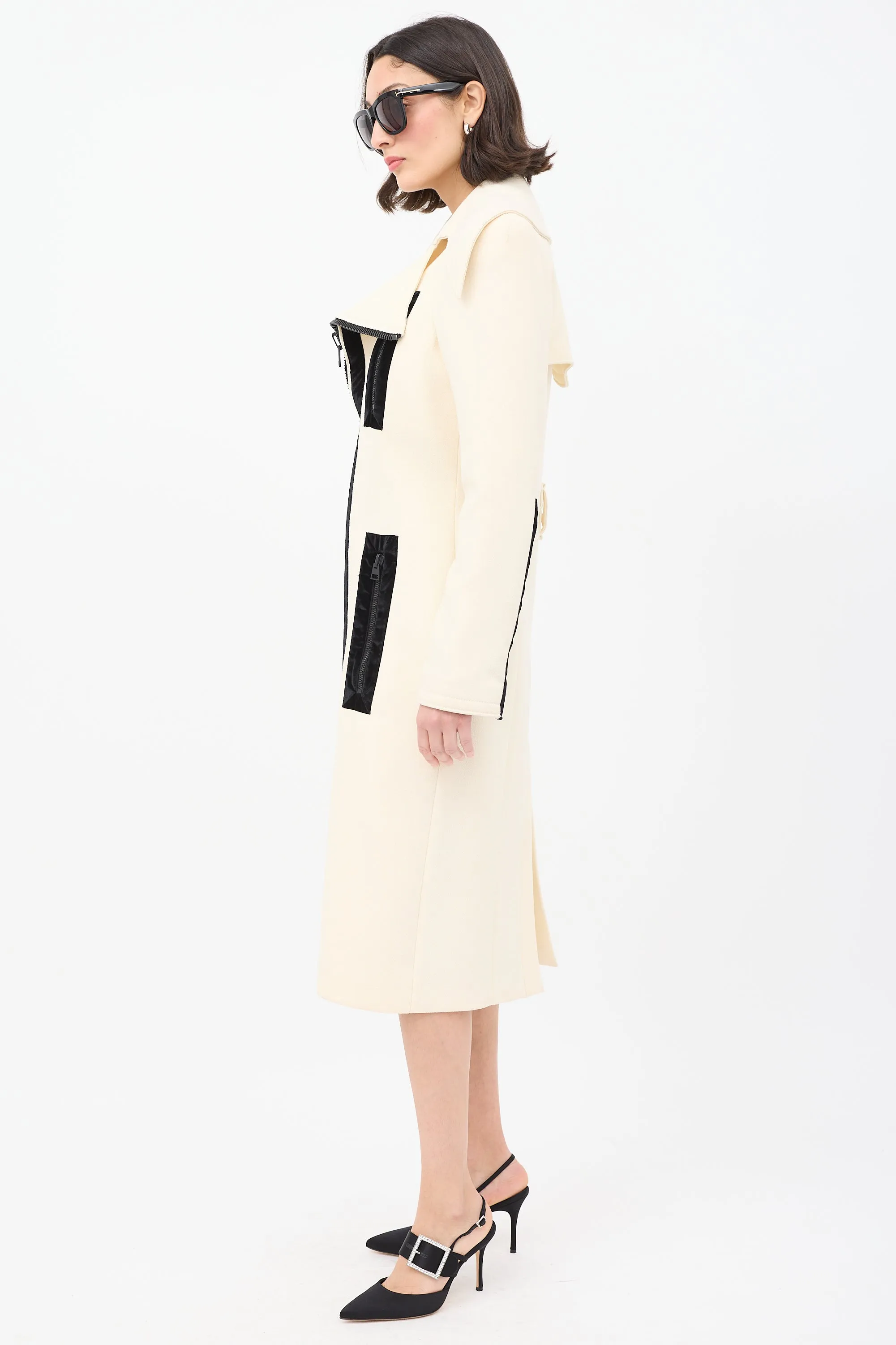 Cream Wool Zip Mid Length Coat