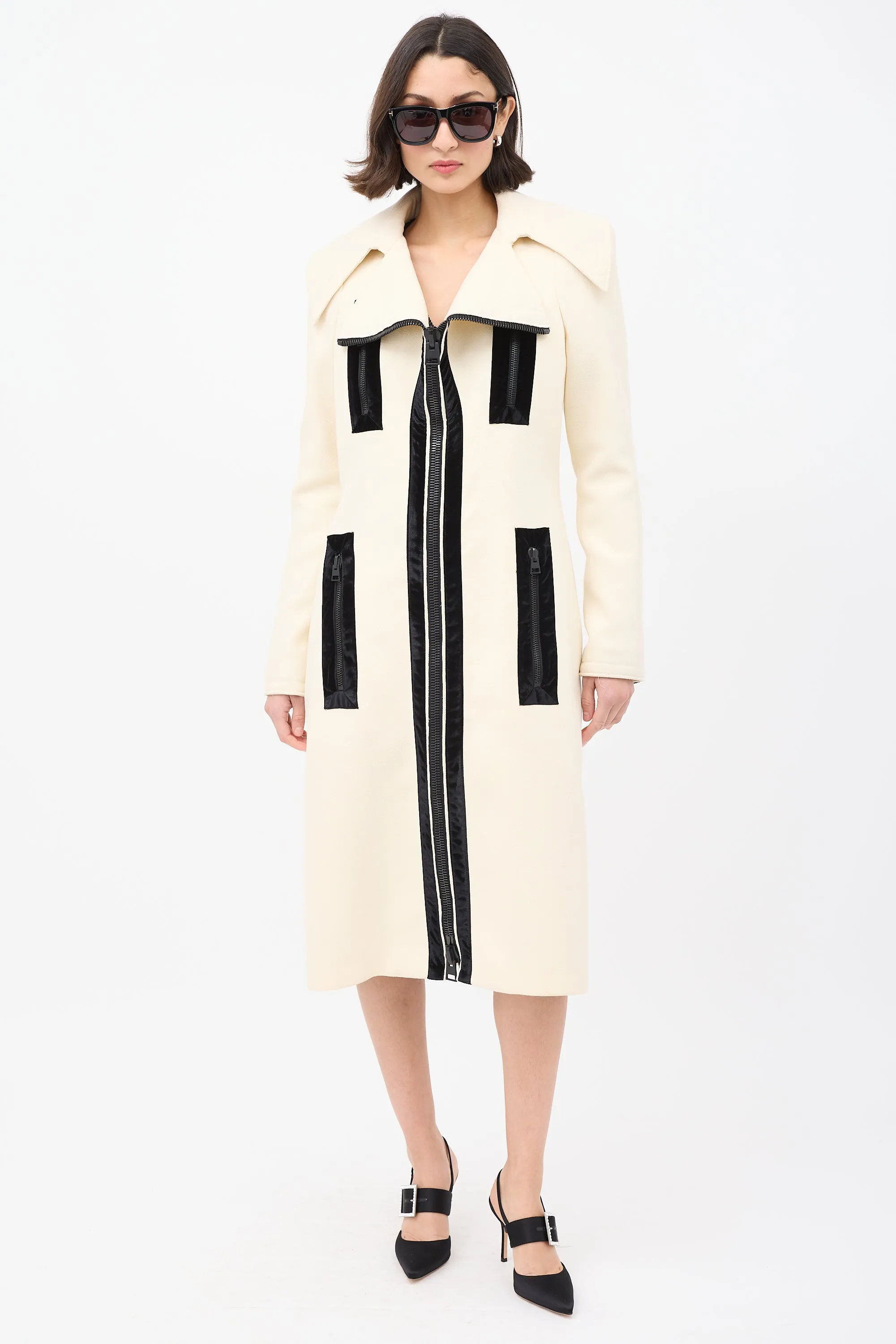 Cream Wool Zip Mid Length Coat