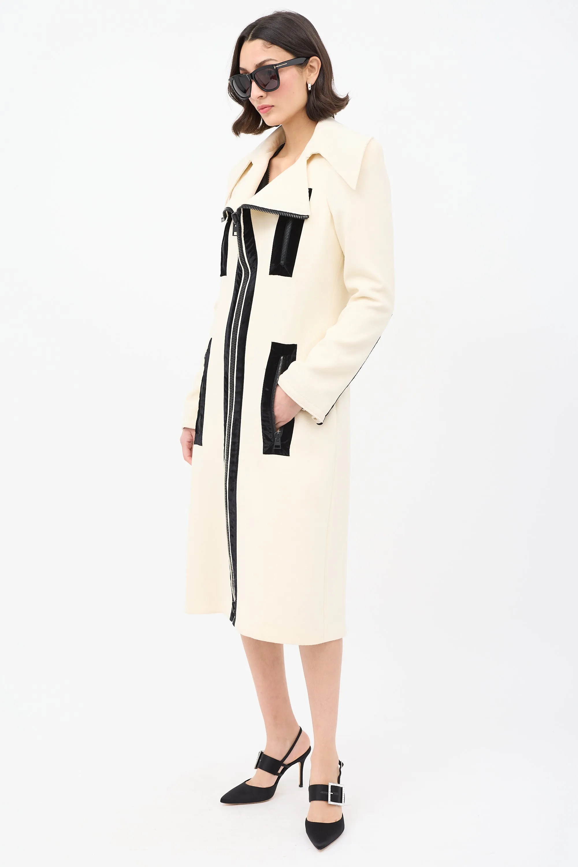 Cream Wool Zip Mid Length Coat