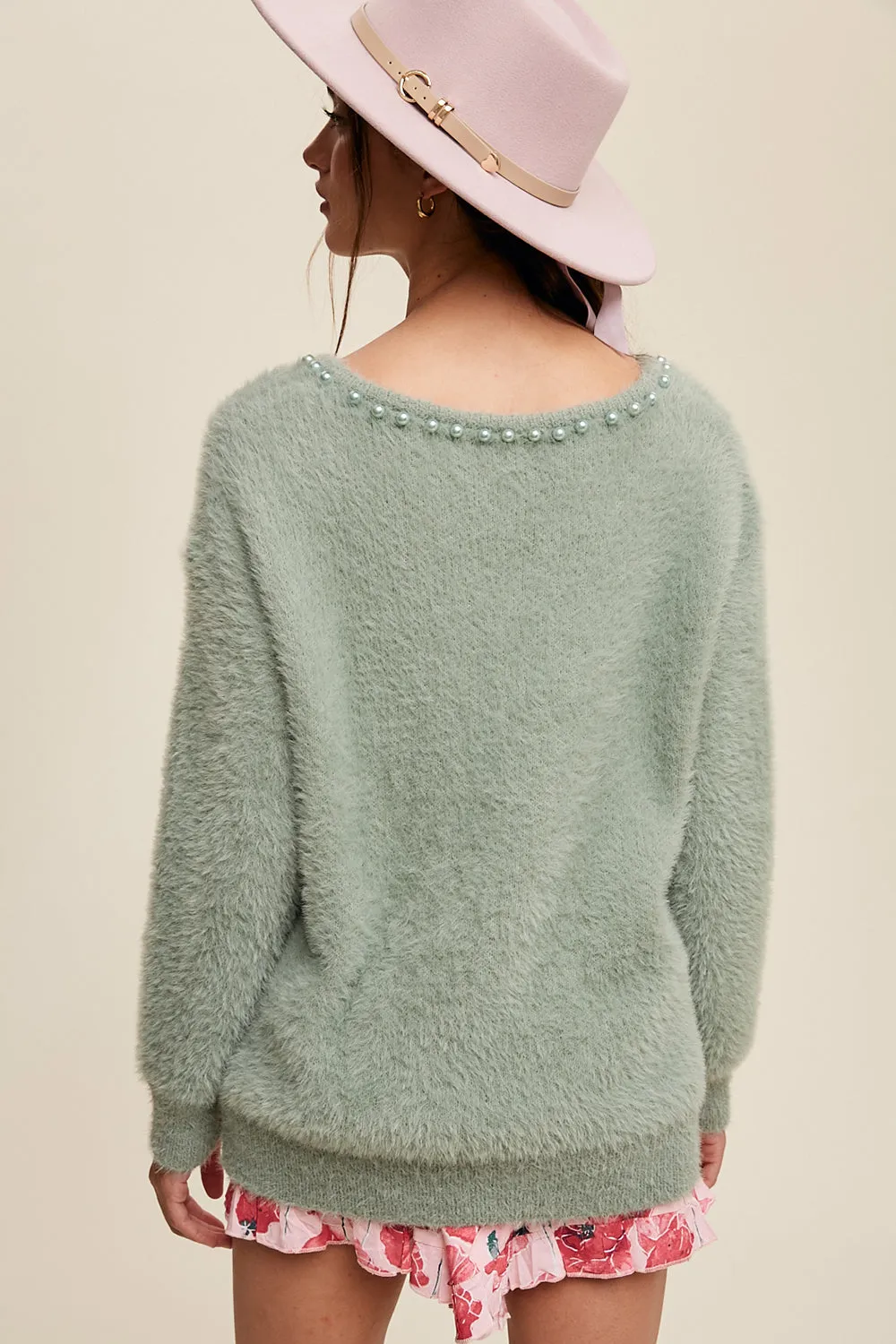 Deep V Pearl Fuzzy Sweater
