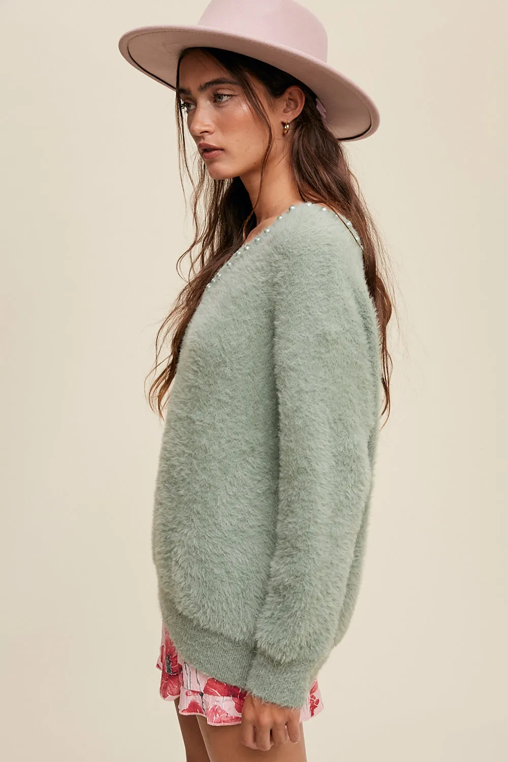 Deep V Pearl Fuzzy Sweater