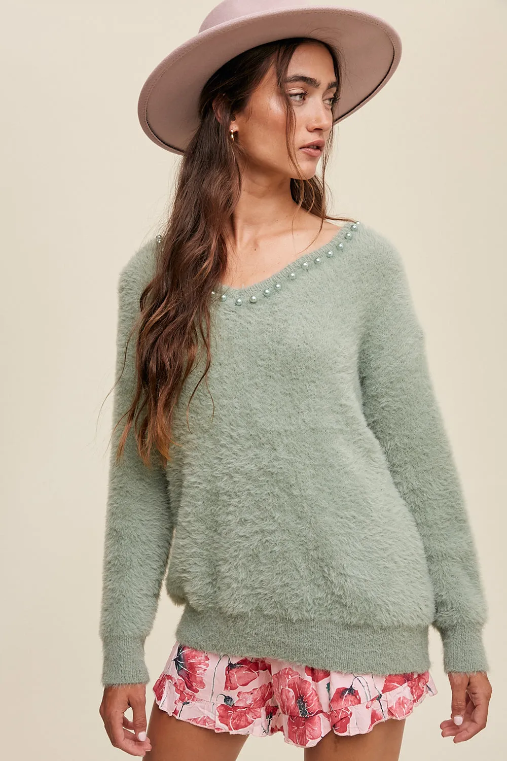 Deep V Pearl Fuzzy Sweater