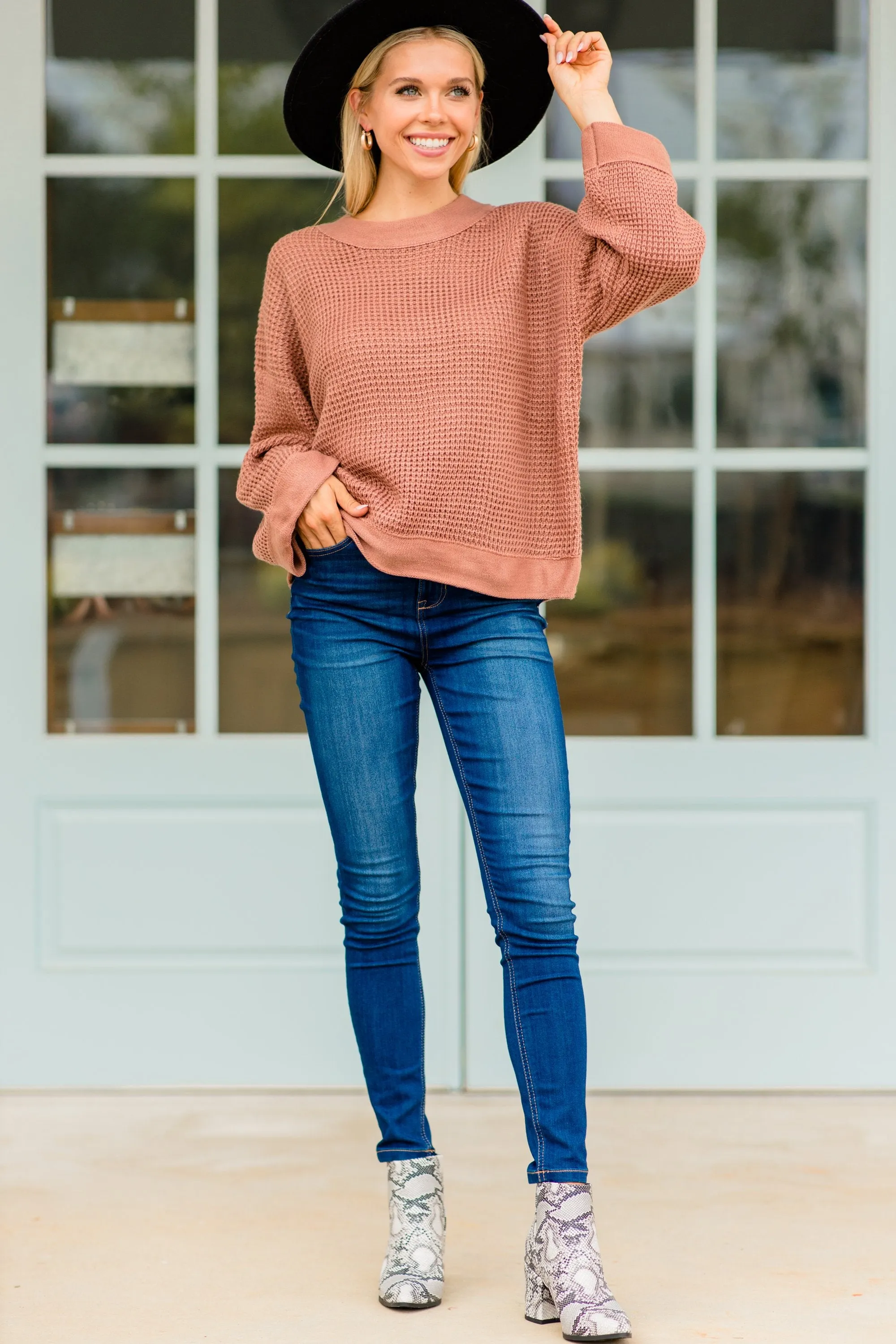 Easy Days Ahead Ash Rose Pink Waffle Sweater