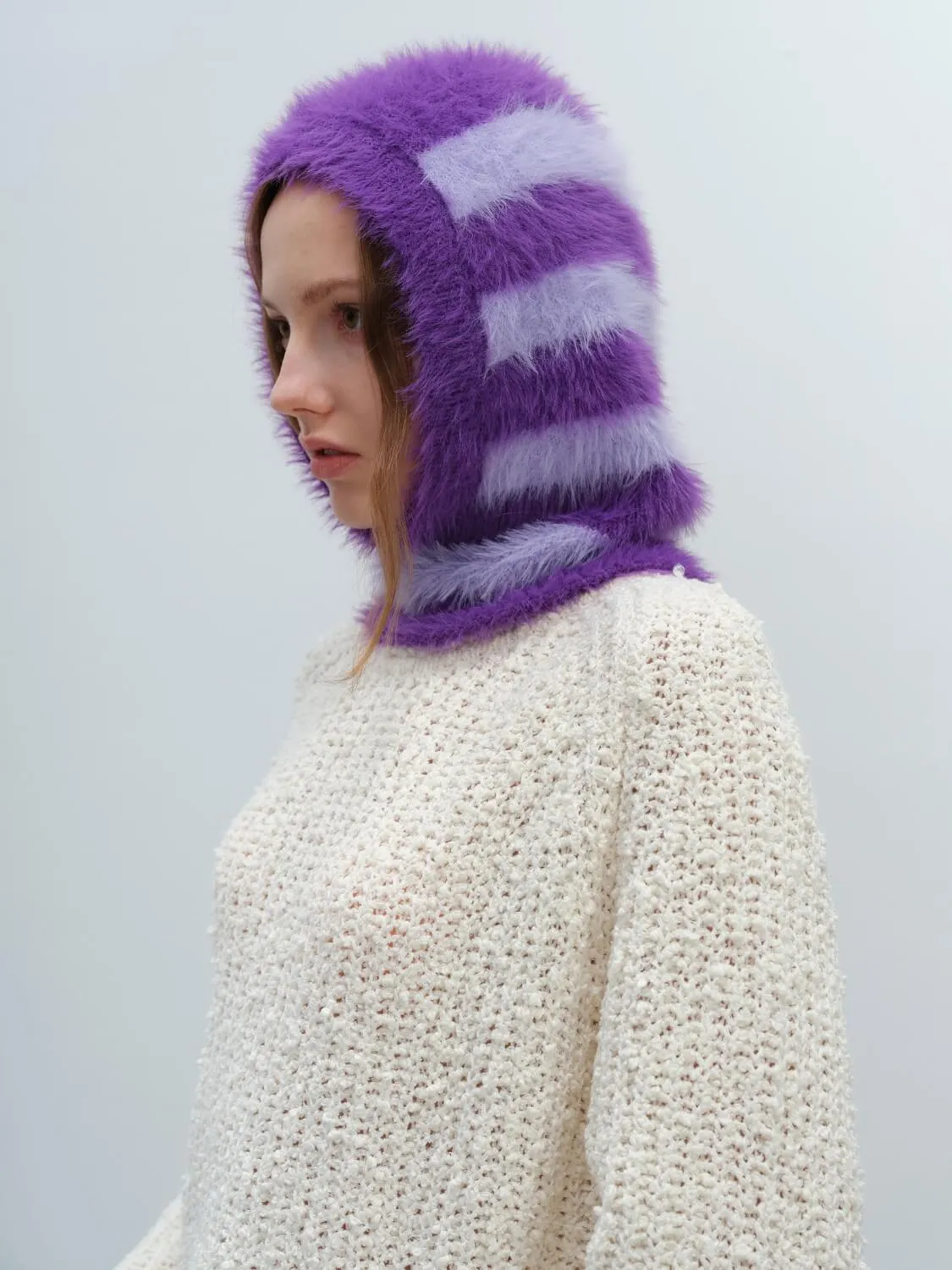 French Style Faux Mink Fur Balaclava Knit Hat - purple
