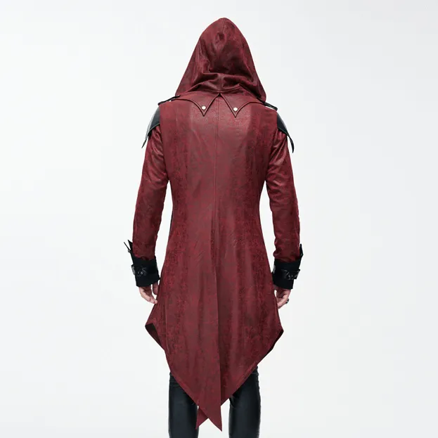 Gothic Vintage Long Red Men's Coat / Steampunk Medieval Hooded Overcoat