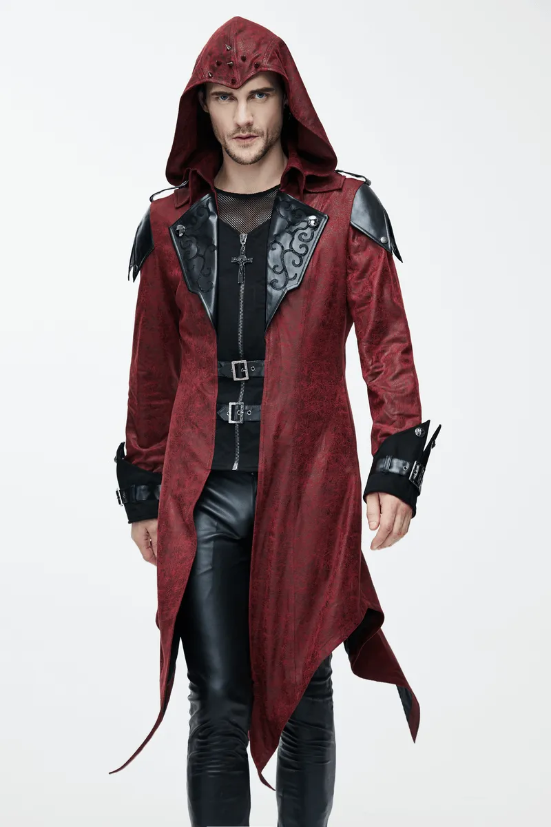 Gothic Vintage Long Red Men's Coat / Steampunk Medieval Hooded Overcoat