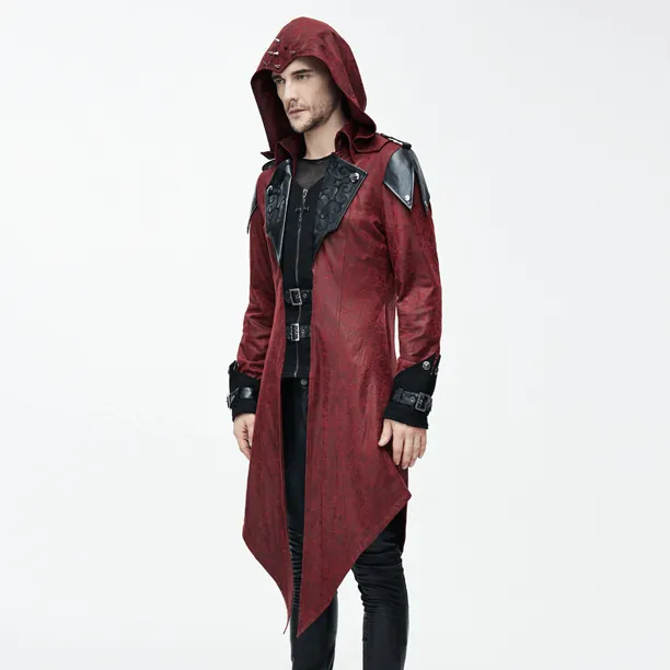Gothic Vintage Long Red Men's Coat / Steampunk Medieval Hooded Overcoat