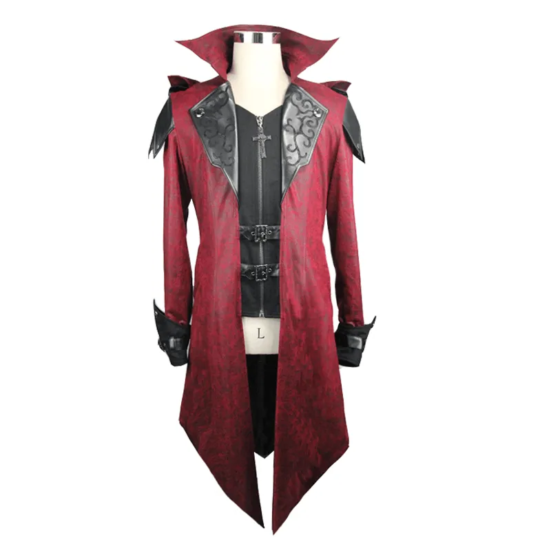 Gothic Vintage Long Red Men's Coat / Steampunk Medieval Hooded Overcoat