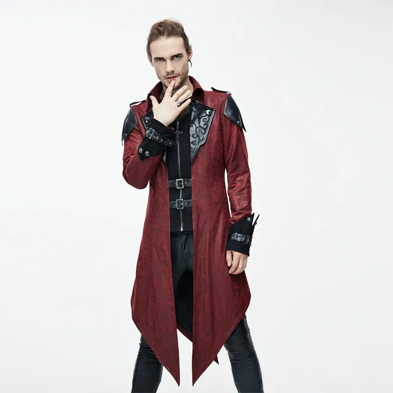 Gothic Vintage Long Red Men's Coat / Steampunk Medieval Hooded Overcoat