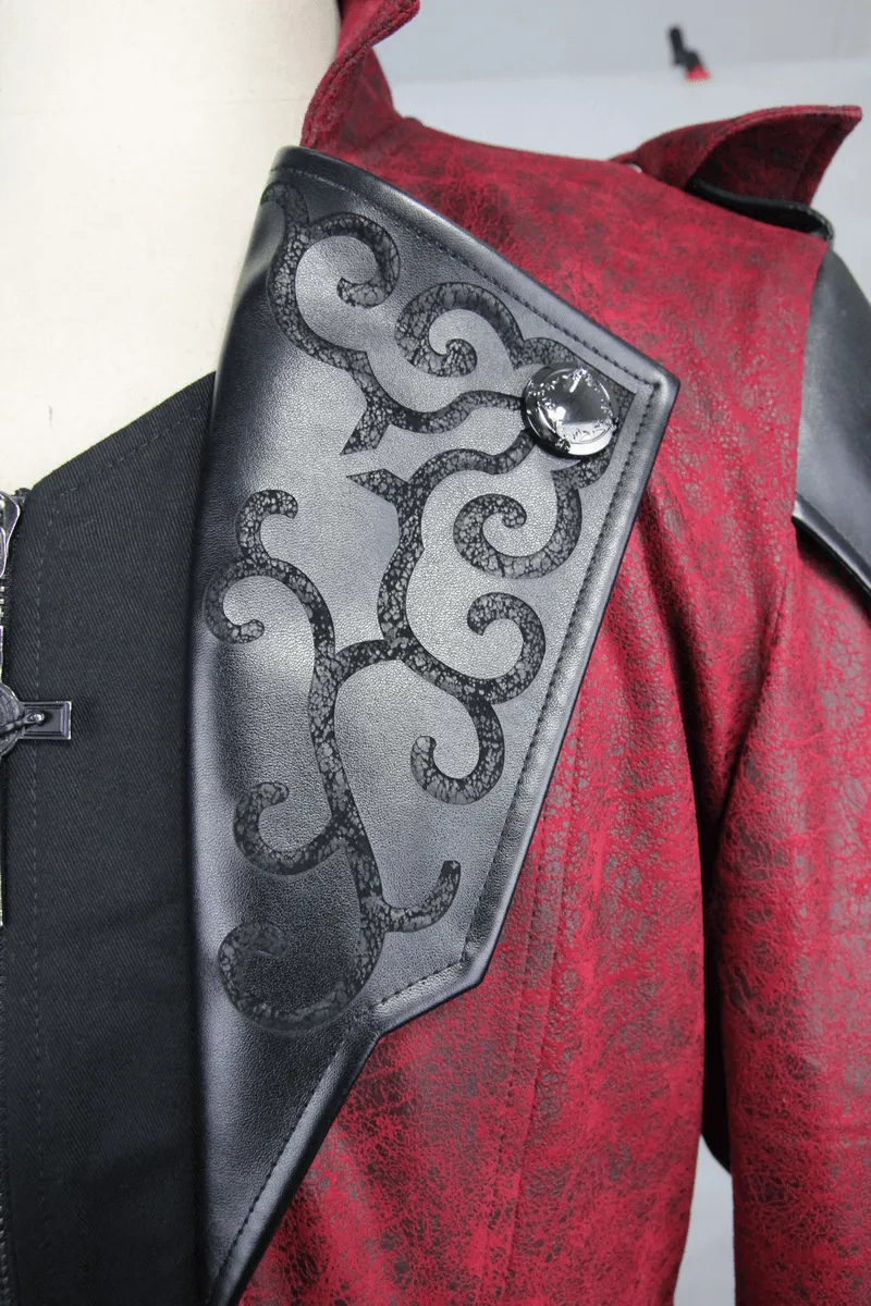 Gothic Vintage Long Red Men's Coat / Steampunk Medieval Hooded Overcoat