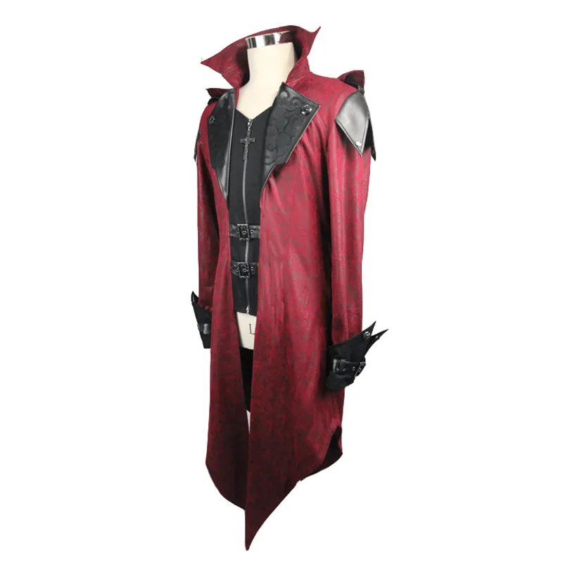 Gothic Vintage Long Red Men's Coat / Steampunk Medieval Hooded Overcoat