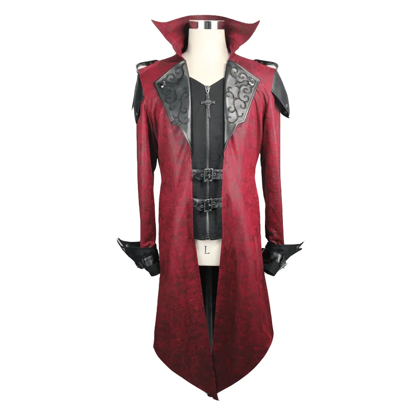 Gothic Vintage Long Red Men's Coat / Steampunk Medieval Hooded Overcoat