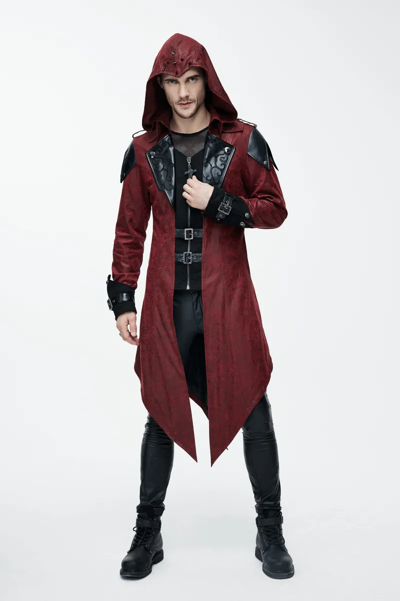 Gothic Vintage Long Red Men's Coat / Steampunk Medieval Hooded Overcoat