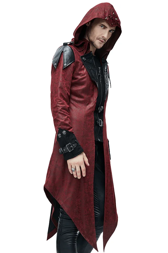 Gothic Vintage Long Red Men's Coat / Steampunk Medieval Hooded Overcoat