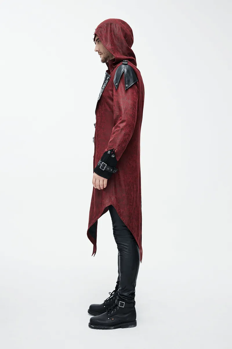 Gothic Vintage Long Red Men's Coat / Steampunk Medieval Hooded Overcoat