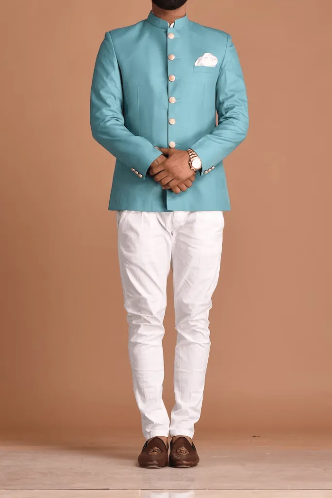 Indian Maharaja Style Royal Oxy Blue Jodhpuri Bandgala Suit With White trouser Wedding Suit Formal Wear Bespoke