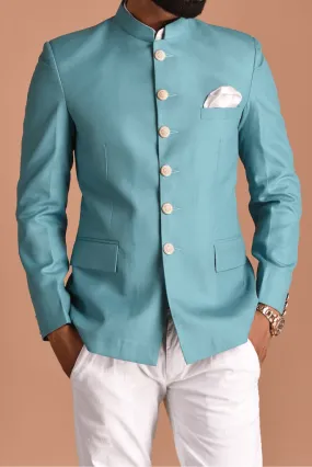 Indian Maharaja Style Royal Oxy Blue Jodhpuri Bandgala Suit With White trouser Wedding Suit Formal Wear Bespoke