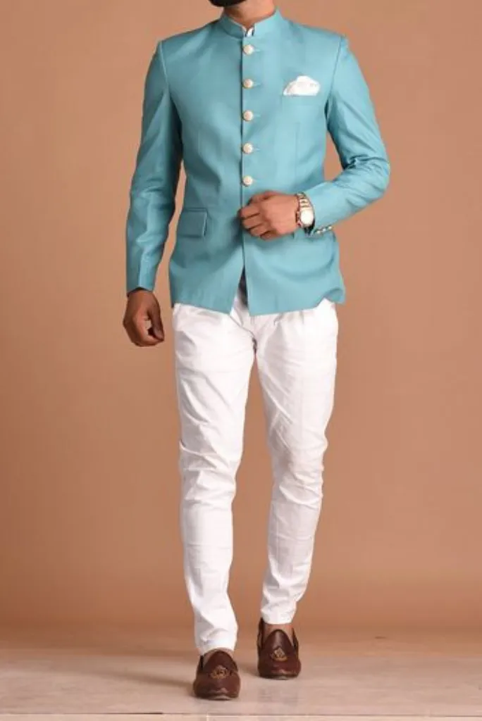 Indian Maharaja Style Royal Oxy Blue Jodhpuri Bandgala Suit With White trouser Wedding Suit Formal Wear Bespoke