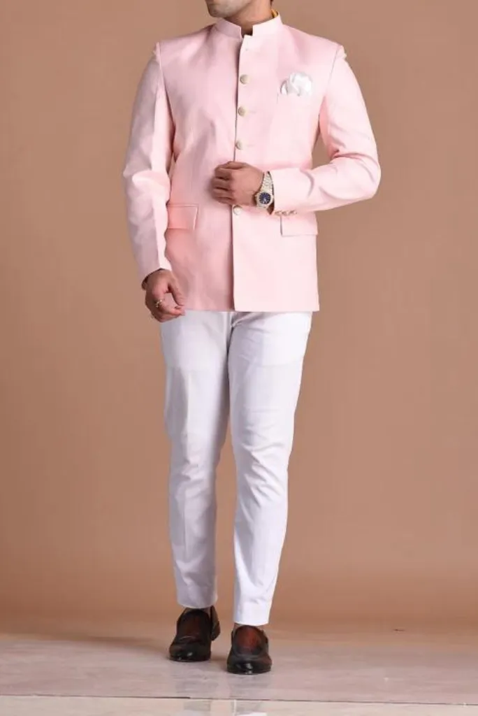 Jodhpuri Suit For Men Light Pink Maharaja Style Bandhgala Suit With White Trouser Wedding Suit Perfect Party Wear