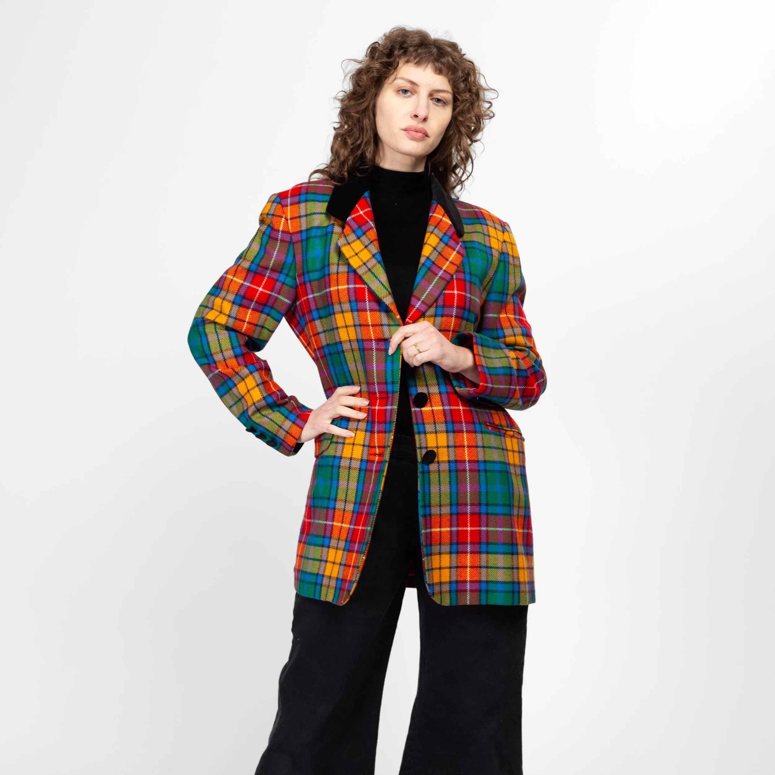 Large 80s Colorful Plaid Cashmere Wool Blazer