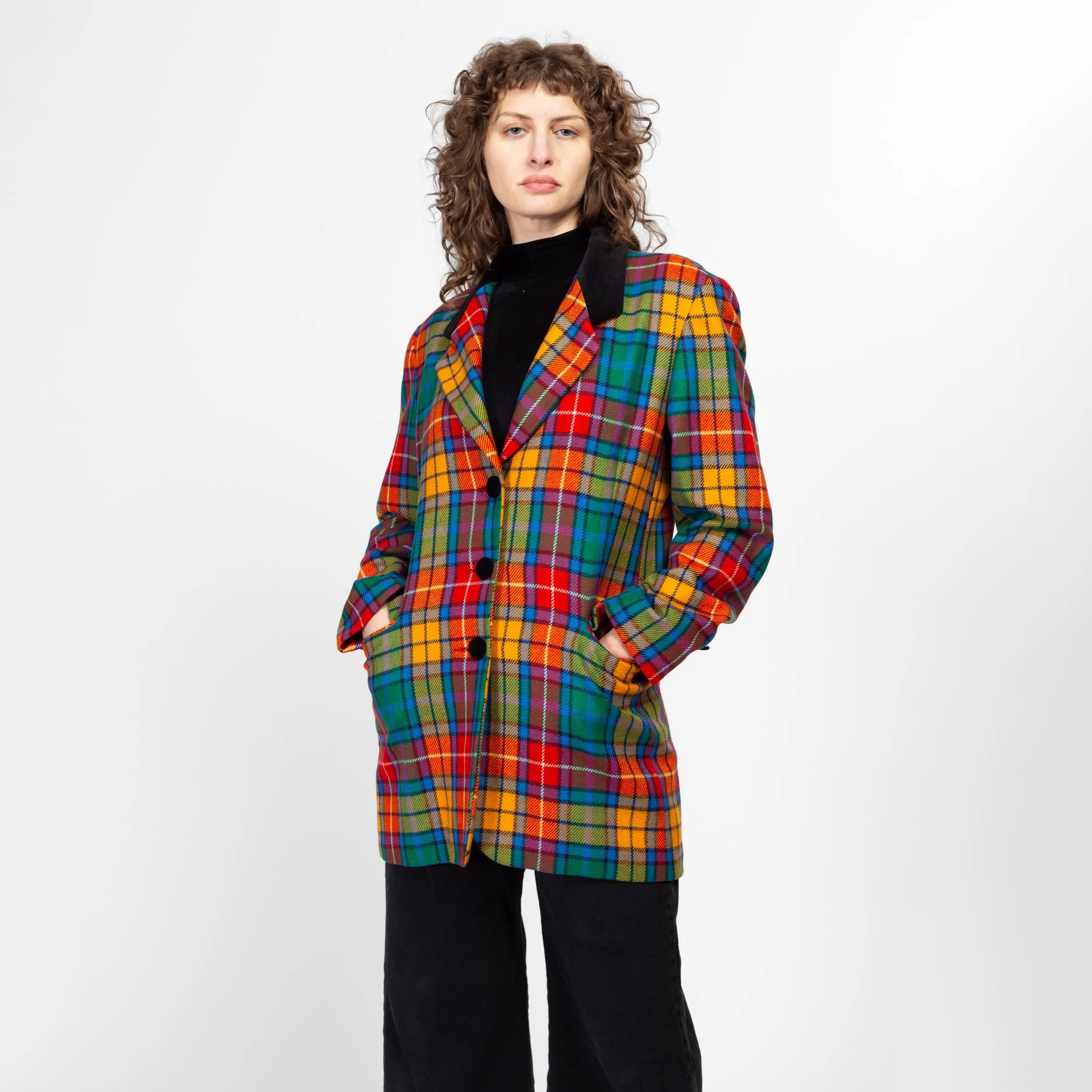 Large 80s Colorful Plaid Cashmere Wool Blazer