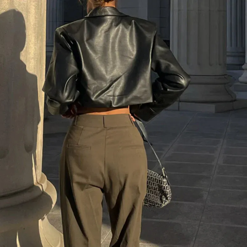 Leather Exposed Motorcycle Girls Single Breasted Autumn Winter Overcoat Jacket