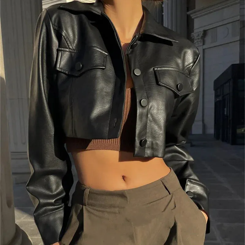 Leather Exposed Motorcycle Girls Single Breasted Autumn Winter Overcoat Jacket