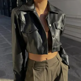 Leather Exposed Motorcycle Girls Single Breasted Autumn Winter Overcoat Jacket