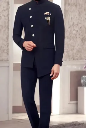 Men's Designer Navy Blue Jodhpuri Suit, Maharajas Style Jodhpuri Suit