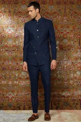 Men's Navy Blue Maharaja Style Jodhpuri Suit, Buttoned Design Jodhpuri Suit
