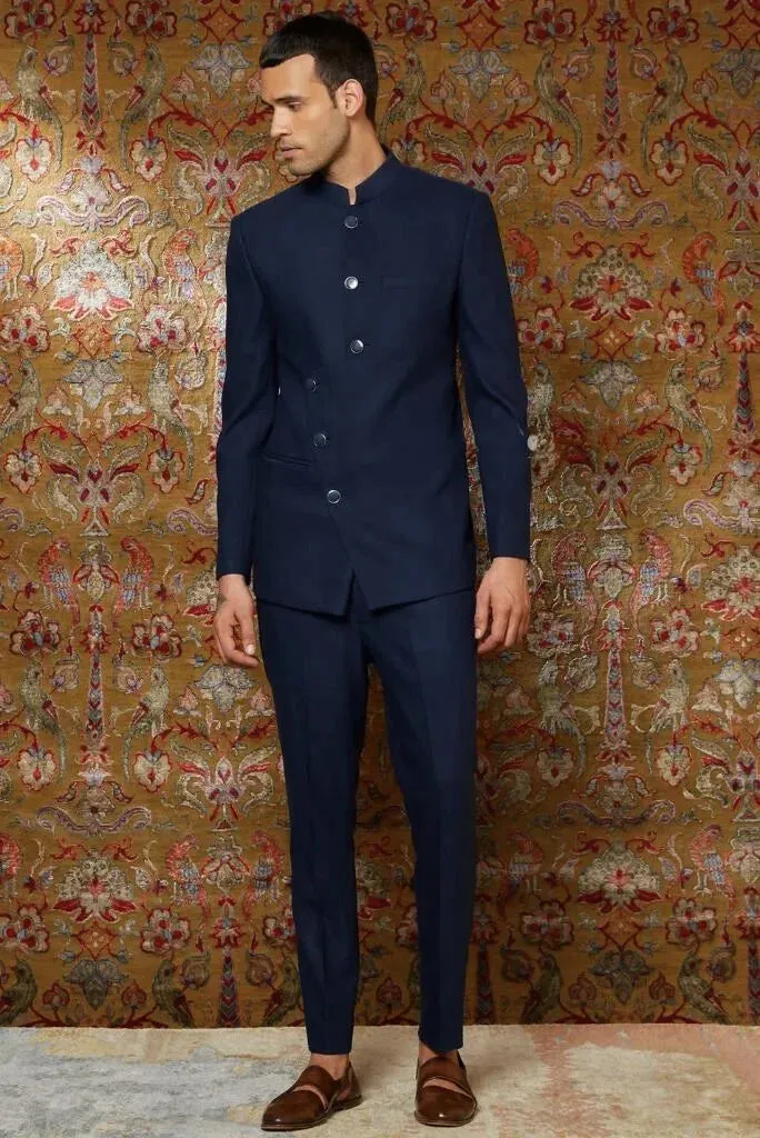 Men's Navy Blue Maharaja Style Jodhpuri Suit, Buttoned Design Jodhpuri Suit